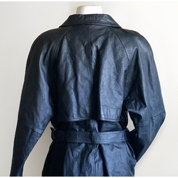 Liz Baker Black Leather Wrap Jacket 3/4 Length Belted Coat Size Petite Large - Picture 3 of 11